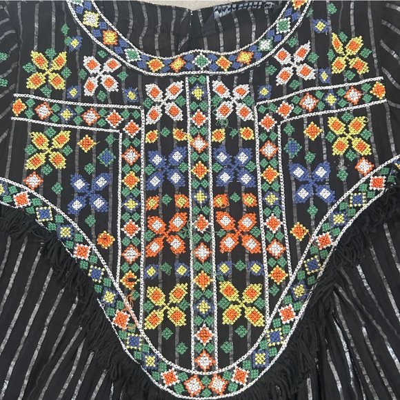 Zara Black Embroidered Bell Sleeved Fringed Boho Festival Top Small - Picture 4 of 7